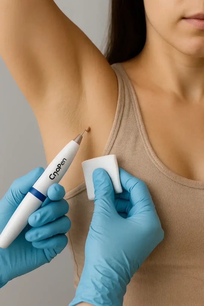 woman having cryopen to remove underarm skin tags Swindon