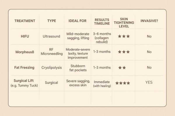 Table showing the comparisons of Skin tightening Swindon treatment options.